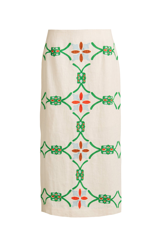 Straight ivory skirt adorned with symmetrical red, green, and blue floral stitch-work