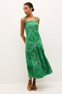 Green Sleeveless midi dress with tropical leaf print and square neckline