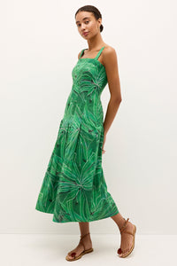 Green printed dress with a mid length silhouette and white leaf outlines