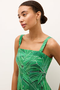 Tropical print dress with a structured bodice and pleated A-line skirt