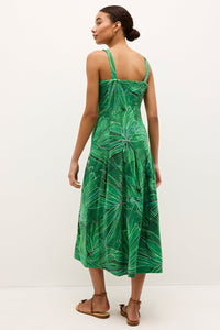 Elegant sleeveless dress in vibrant green with allover tropical motif