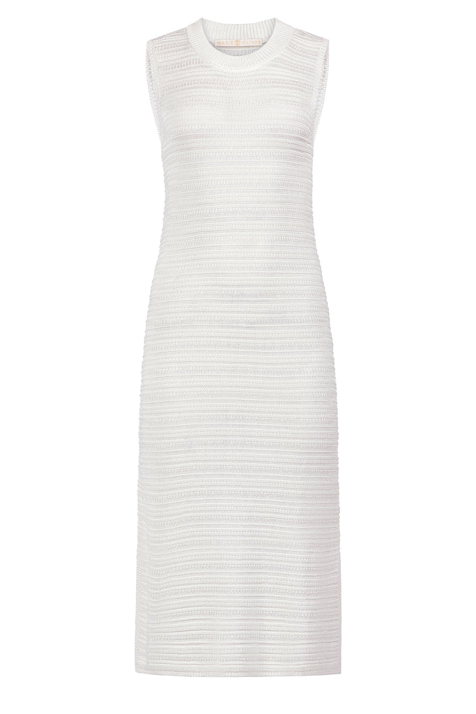 Structured white dress with tonal ribbing and form fitting sleeveless cut