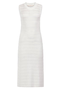 Structured white dress with tonal ribbing and form fitting sleeveless cut