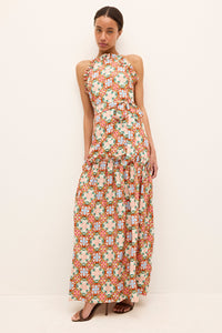 Flowy summer dress with statement print and gathered ruffle accents