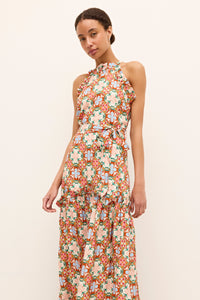 Maxi dress with waist tie detail and intricate symmetrical print in warm hues