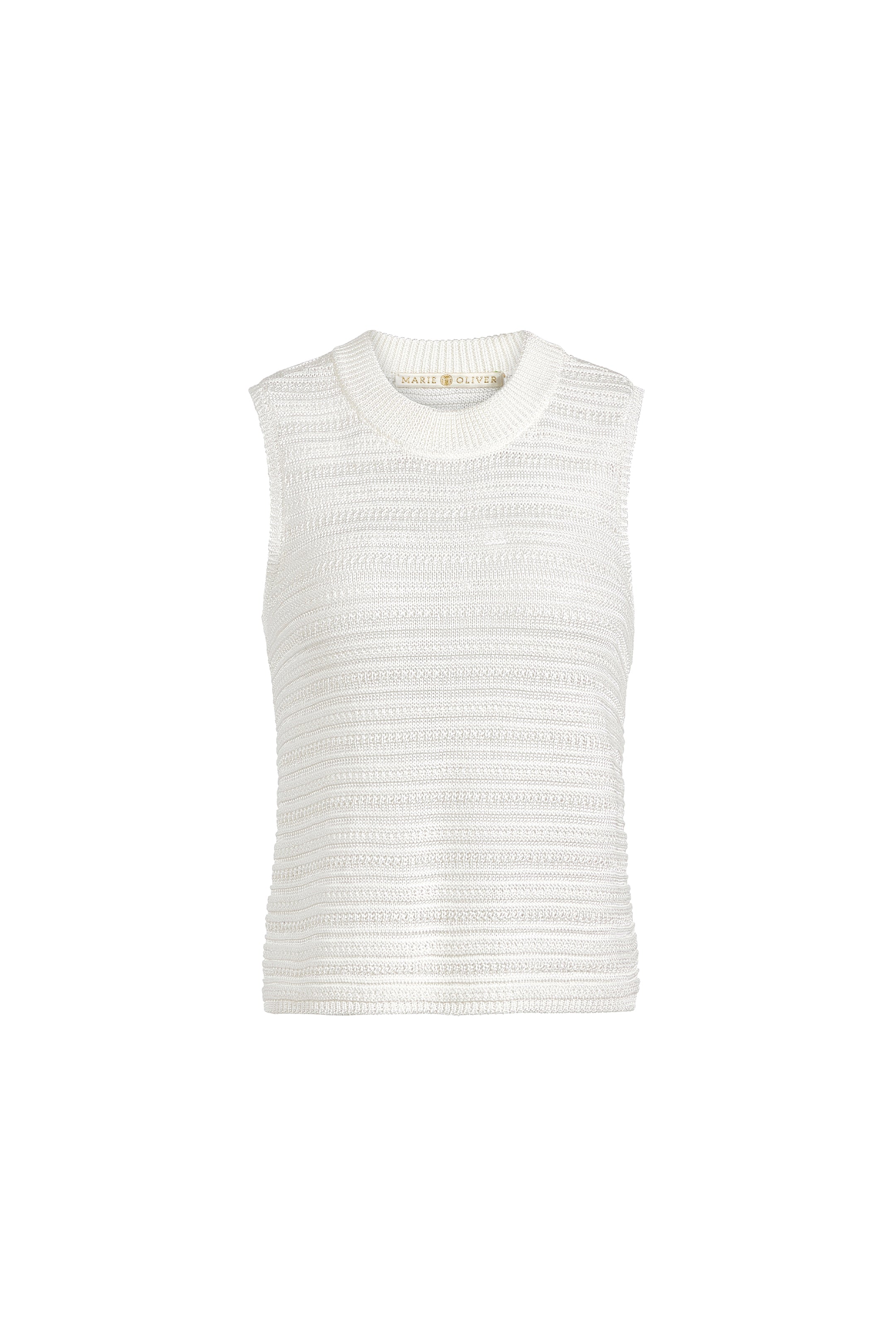 Lightweight ribbed sleeveless sweater top in off-white with a clean, modern cut