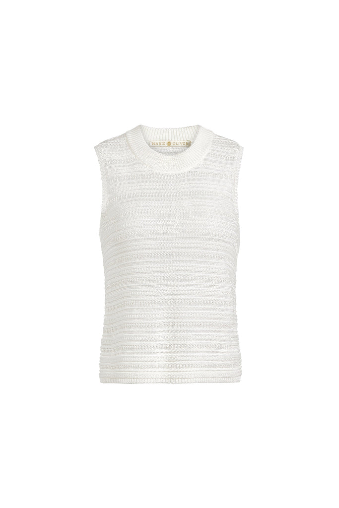 Lightweight ribbed sleeveless sweater top in off-white with a clean, modern cut