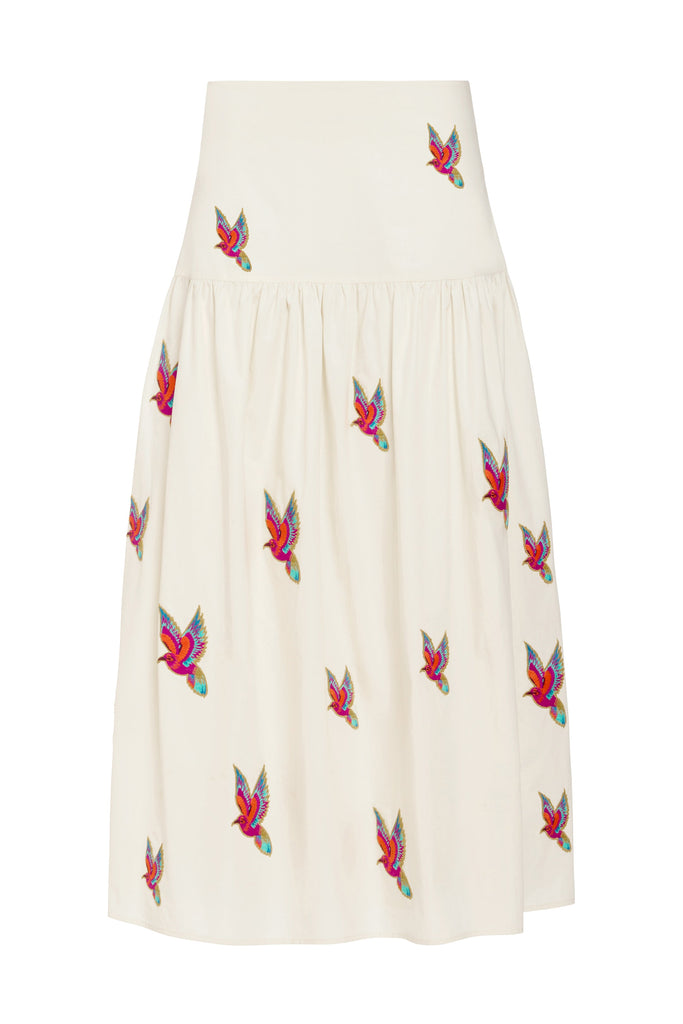 Flowy cotton skirt with bright embroidered bird pattern and structured waistband