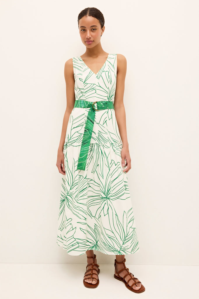 Printed summer dress with a v-neckline and bold leaf motif throughout
