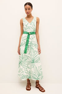 Printed summer dress with a v-neckline and bold leaf motif throughout