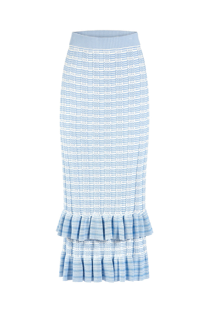 Pastel knit skirt with vertical stripe texture and ruffle tiers