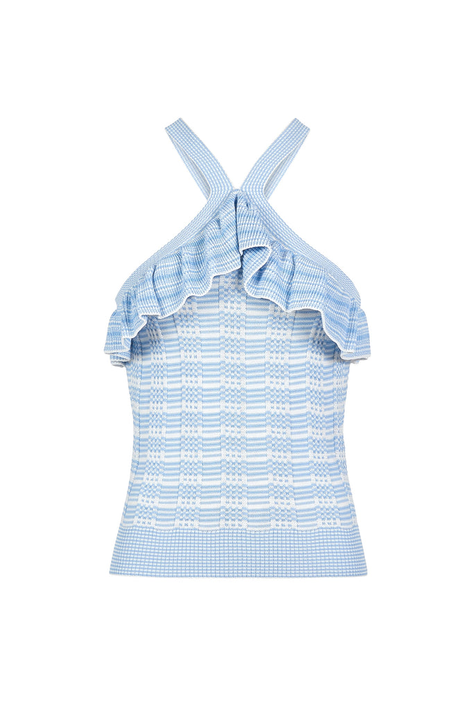 Textured knit top in baby blue with halter silhouette