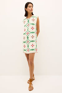 Linen shift dress with geometric floral motif in red, green, and blue