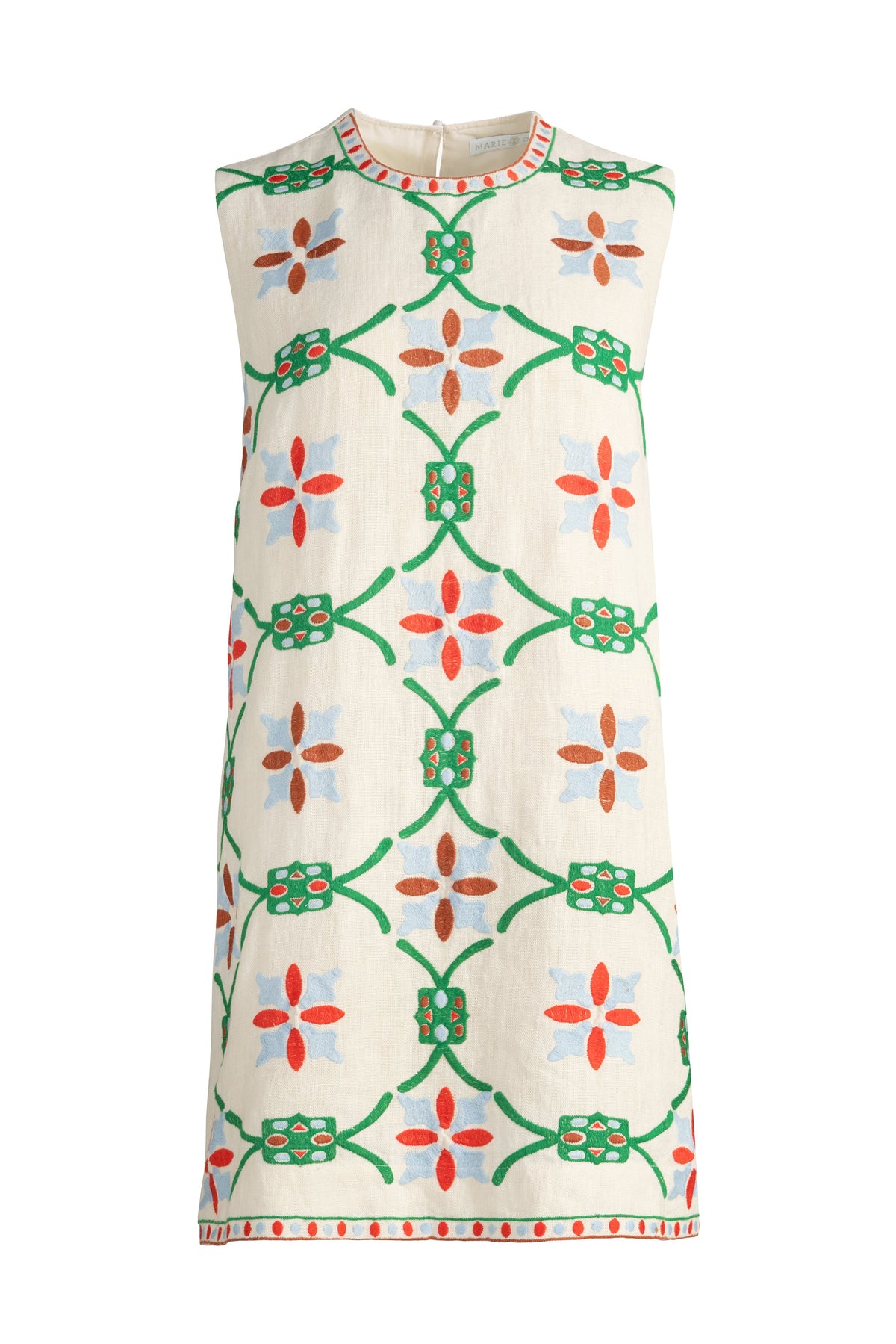 Summer mini dress with multicolor embroidered flowers and a relaxed fit