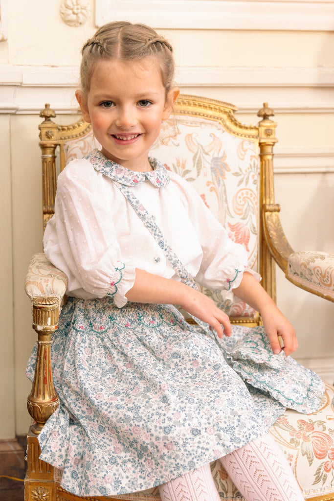 Marie Blue Floral Smocked Skirt Blouse Set