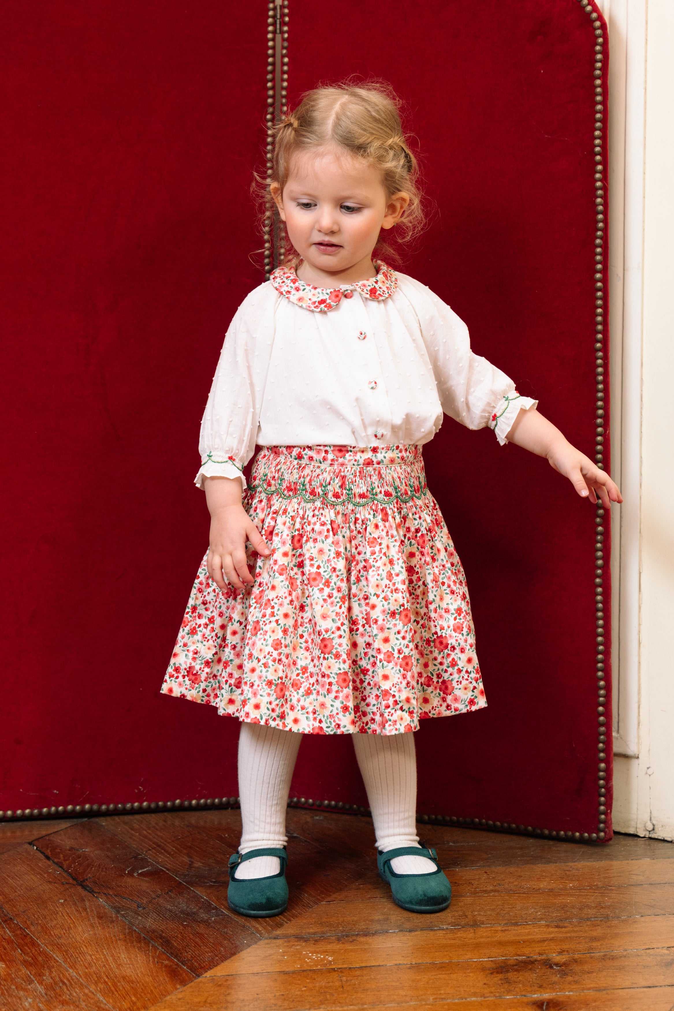 Marie Red Floral Smocked Skirt and Blouse Set