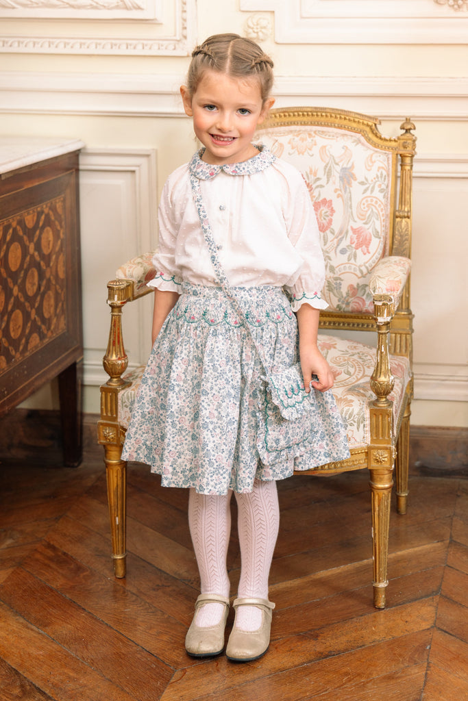 Marie Blue Floral Smocked Skirt Blouse Set