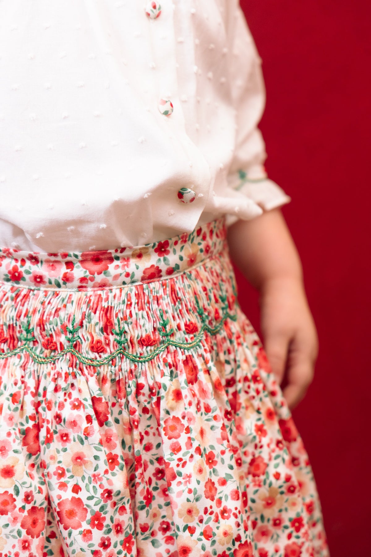 Marie Red Floral Smocked Skirt and Blouse Set