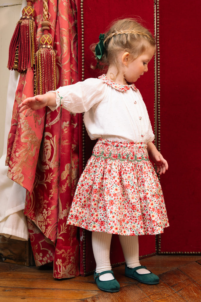 Marie Red Floral Smocked Skirt and Blouse Set