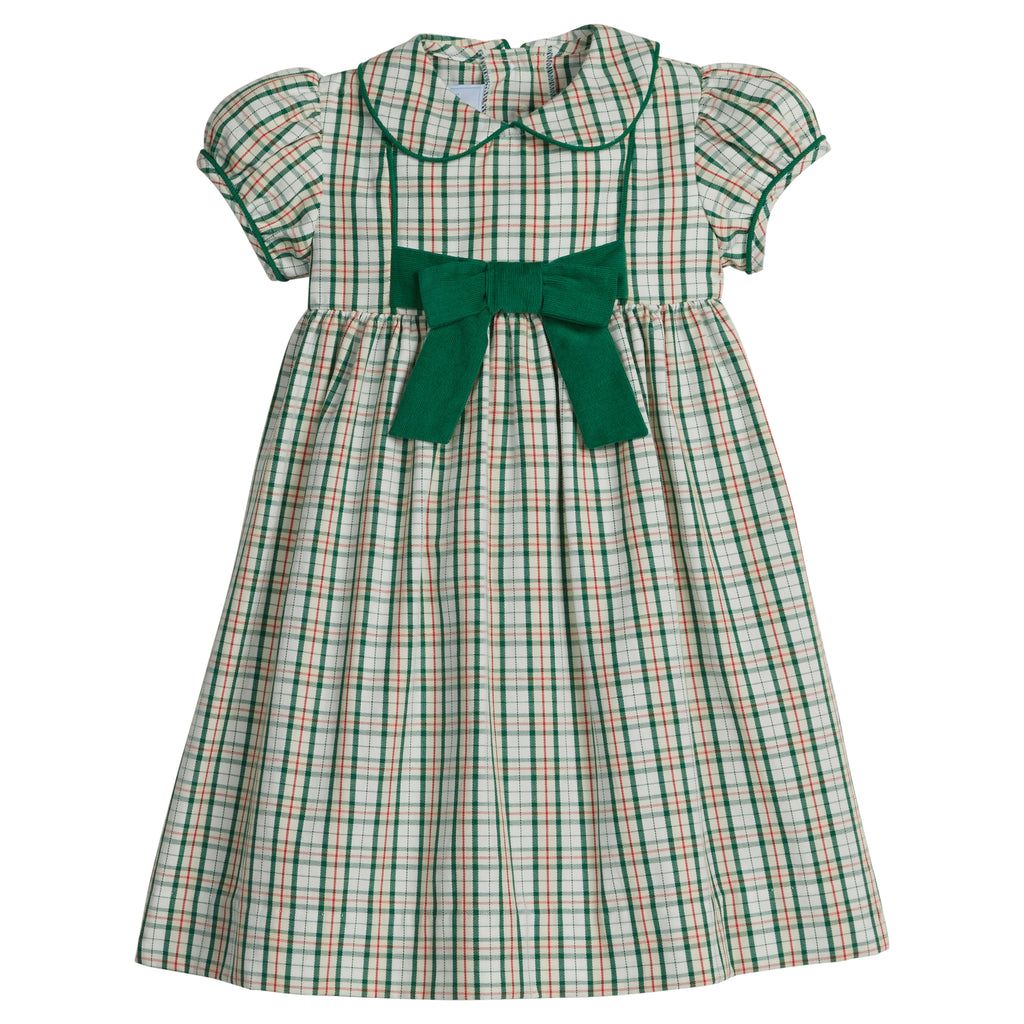 little english classic children's clothing. Little girls red, cream, and green tartan dress with green corduroy piping and bow with peter pan collar for holiday