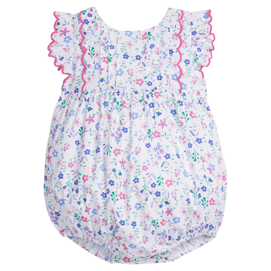Little English traditional children's clothing.  Blue and pink floral bubble for baby girls for Spring and Summer