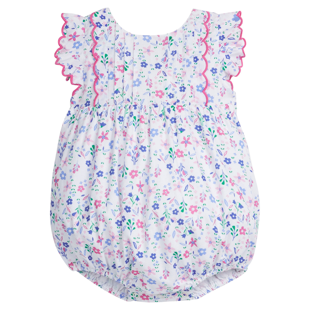 Little English traditional children's clothing.  Blue and pink floral bubble for baby girls for Spring and Summer