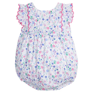 Little English traditional children's clothing.  Blue and pink floral bubble for baby girls for Spring and Summer
