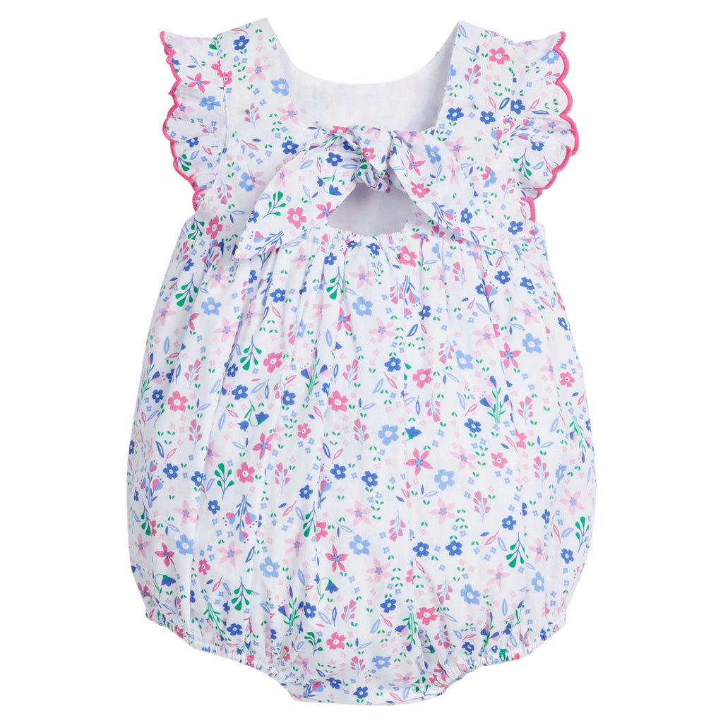 Little English traditional children's clothing.  Blue and pink floral bubble for baby girls for Spring and Summer