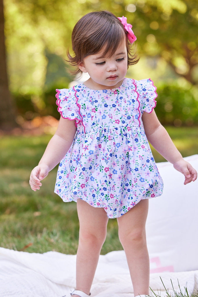 Little English traditional children's clothing.  Blue and pink floral bubble for baby girls for Spring and Summer
