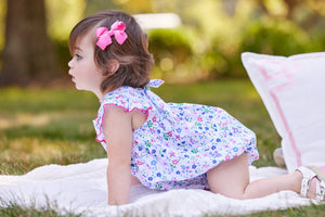 Little English traditional children's clothing.  Blue and pink floral bubble for baby girls for Spring and Summer