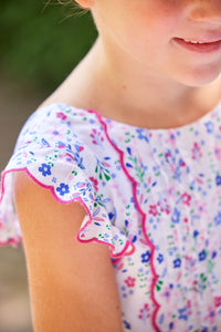 Little English traditional children's clothing.  Blue and pink floral dress for little girls for Spring and Summer