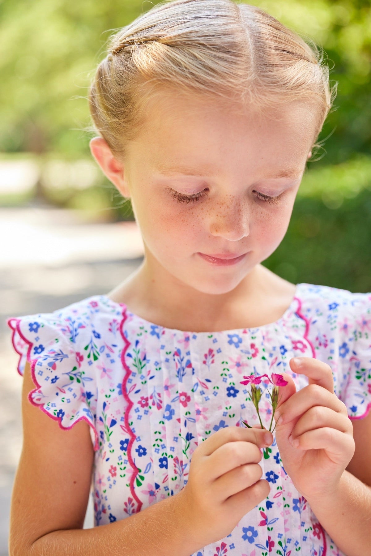Little English traditional children's clothing.  Blue and pink floral dress for little girls for Spring and Summer