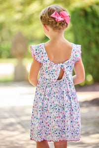 Little English traditional children's clothing.  Blue and pink floral dress for little girls for Spring and Summer