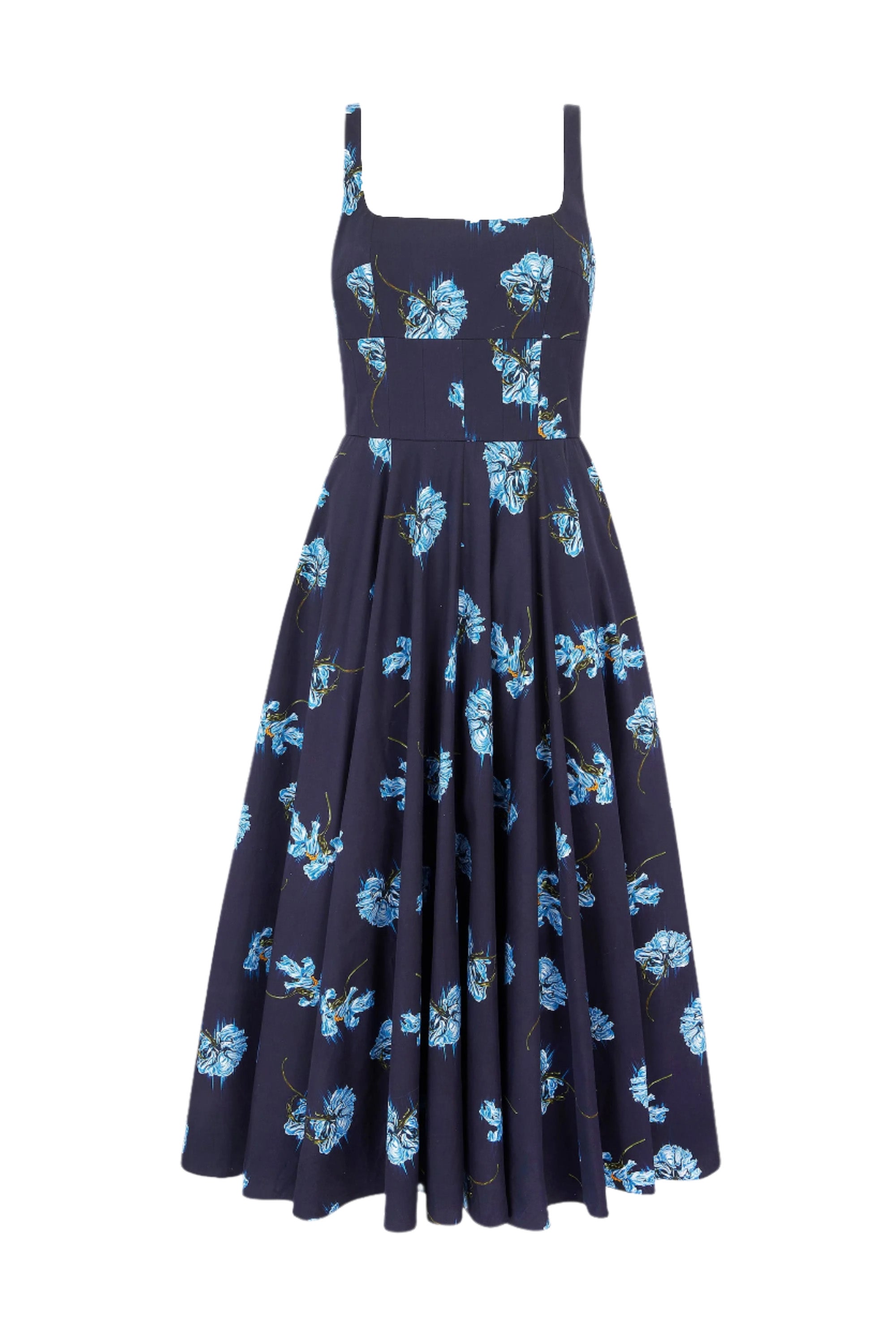 Mona Dress with Blue Flowers on Navy Cotton