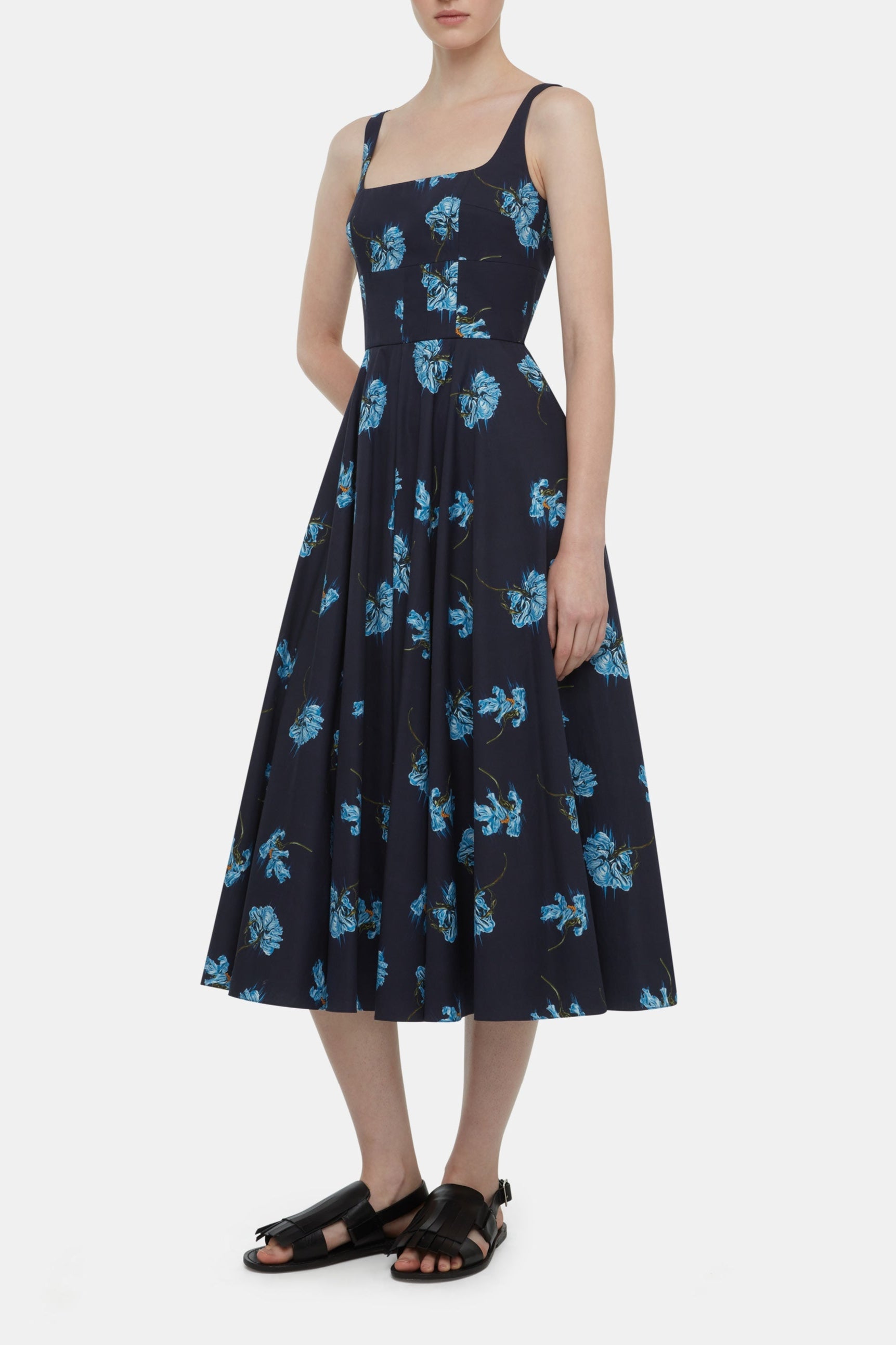 Mona Dress with Blue Flowers on Navy Cotton | Emilia Wickstead