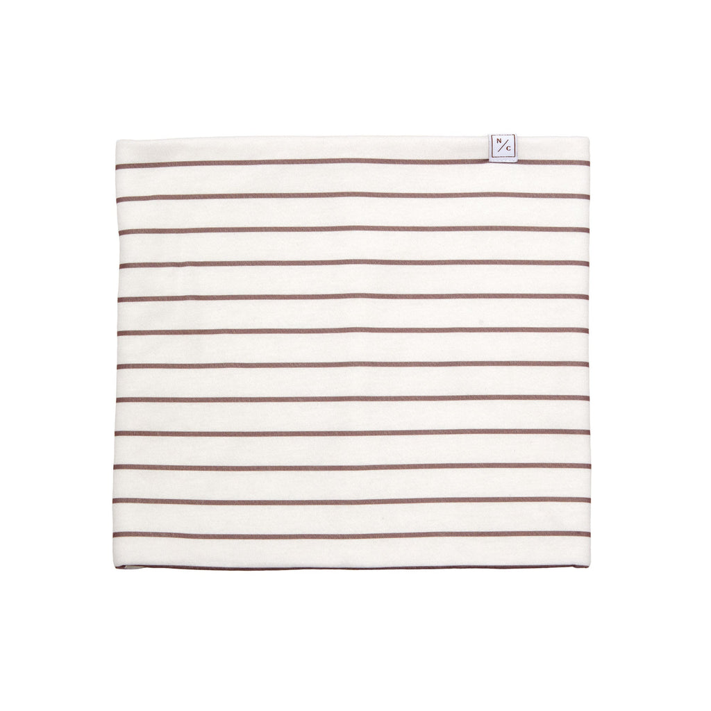 Kids and women's striped brown and white fleece neck warmer for boys and girls, made with soft, breathable fabric to keep necks warm during outdoor play, skiing, and winter snow activities