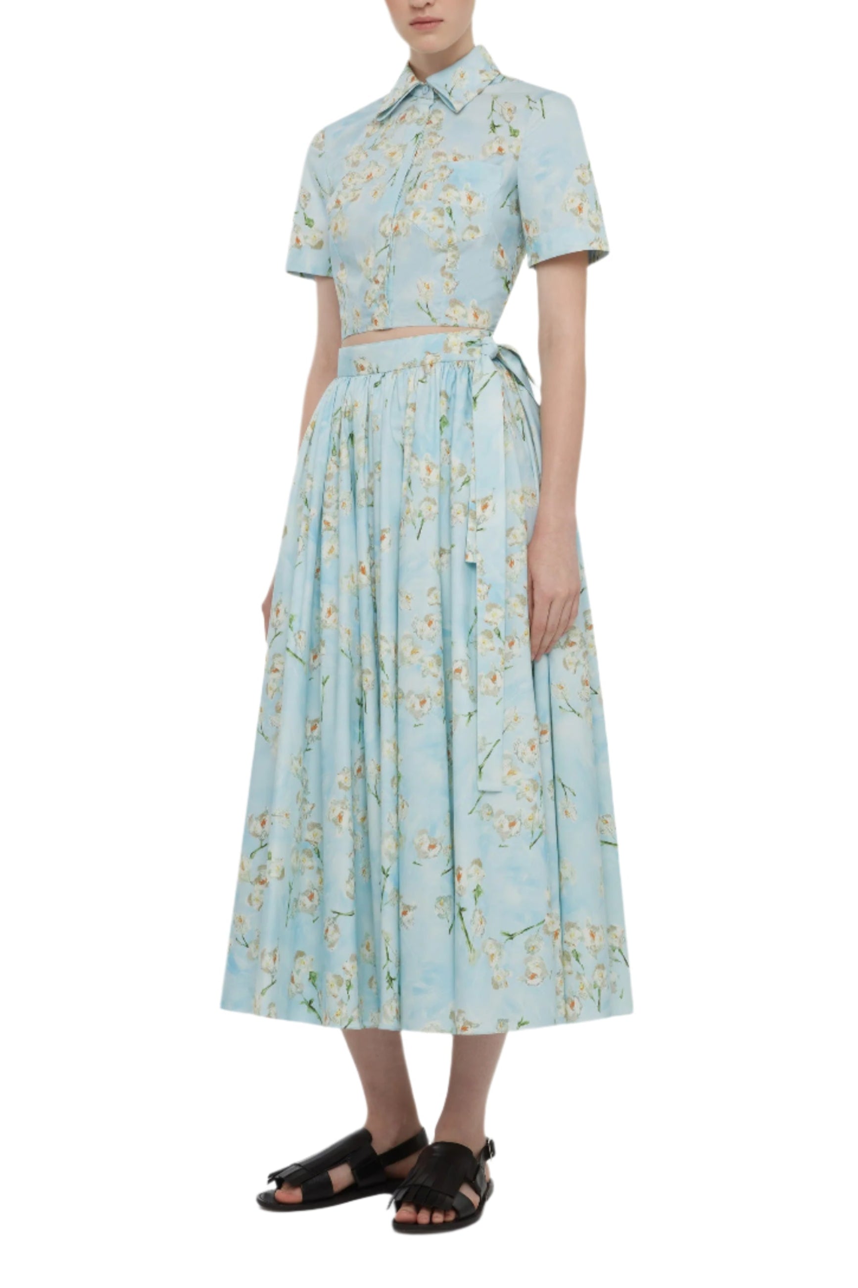 Natalie Cropped Shirt In Little Lillies On Blue Floral Print Cotton Poplin