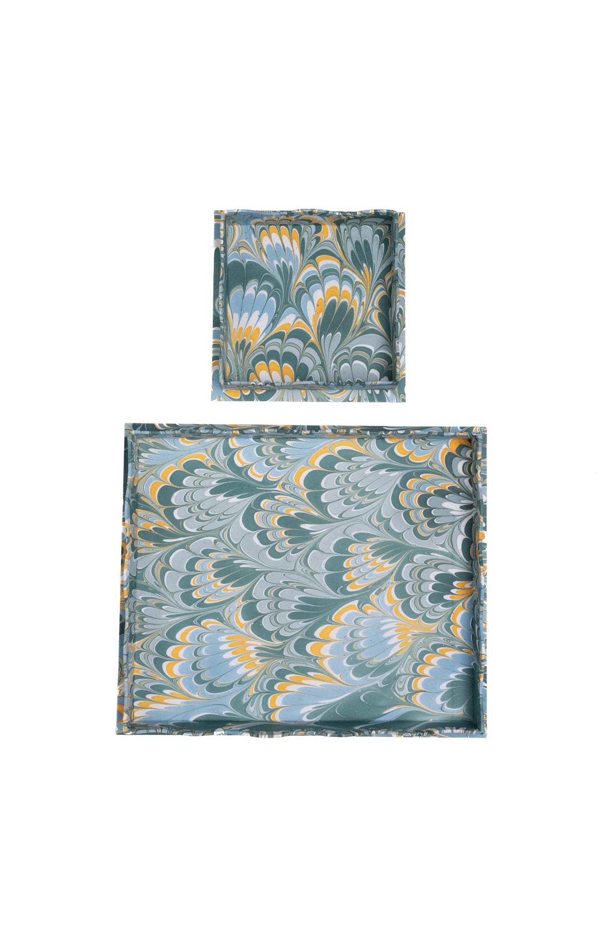 Nesting Scalloped Hand-Marbled Trays in Blue