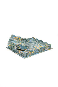 Nesting Scalloped Hand-Marbled Trays in Blue