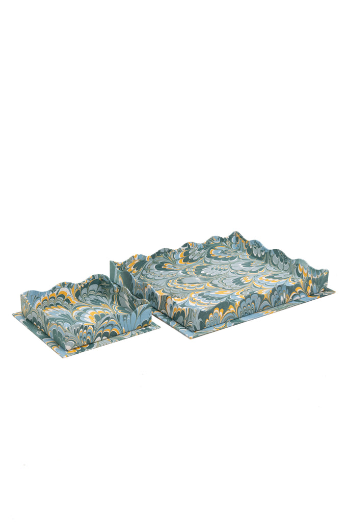 Nesting Scalloped Hand-Marbled Trays in Blue
