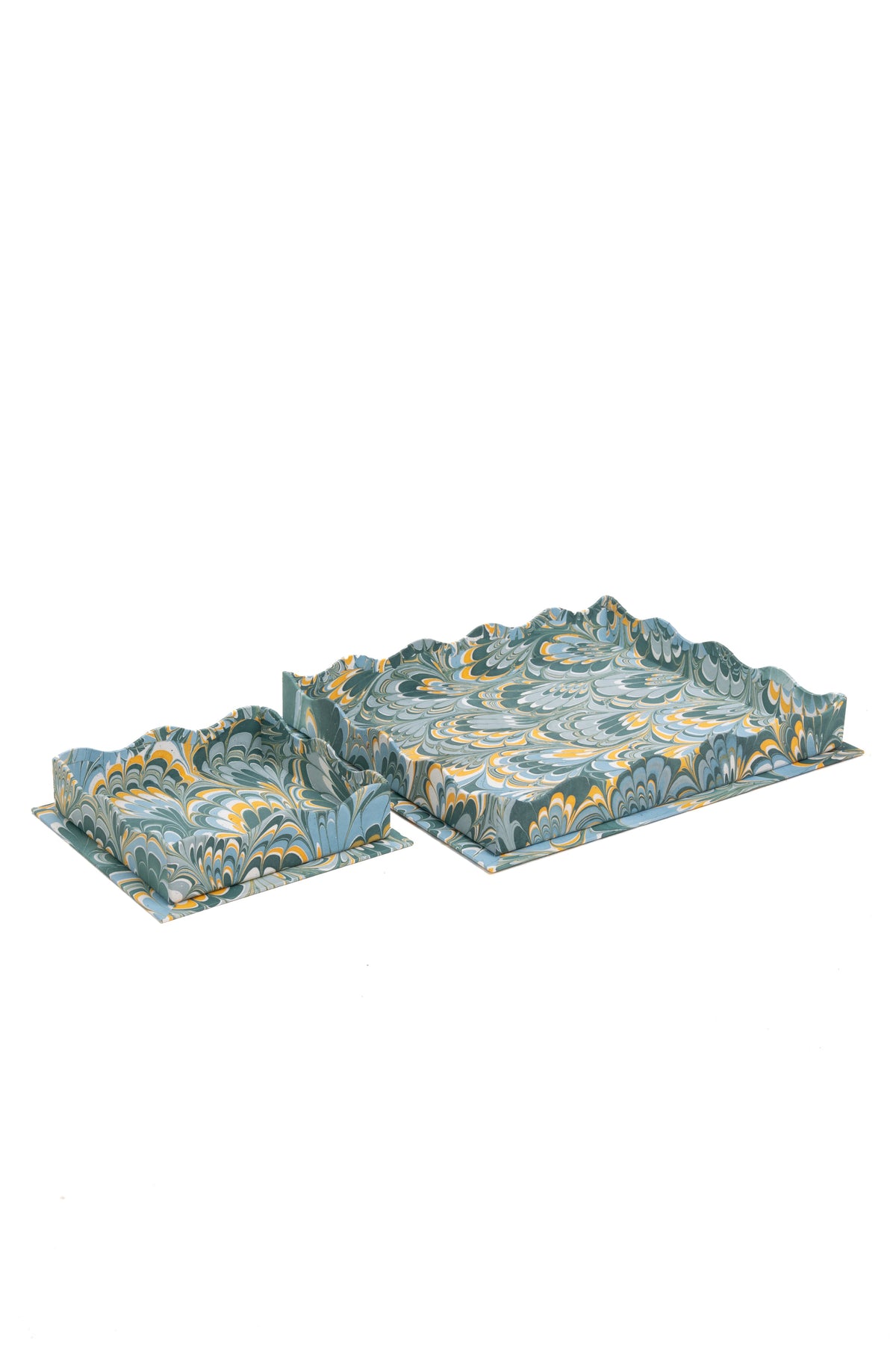 Nesting Scalloped Hand-Marbled Trays in Blue
