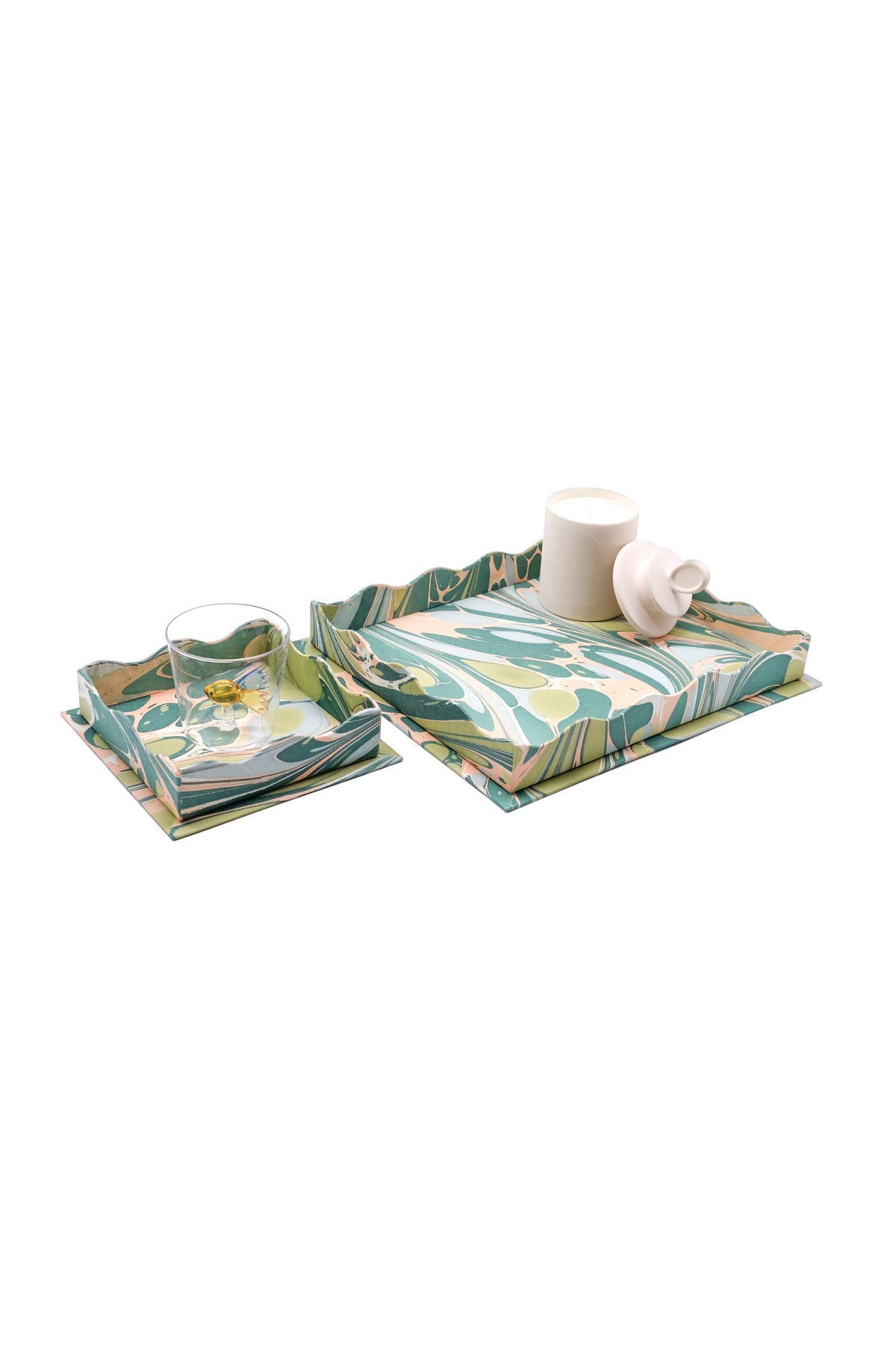 Nesting Scalloped Hand-Marbled Trays in Green & Pink