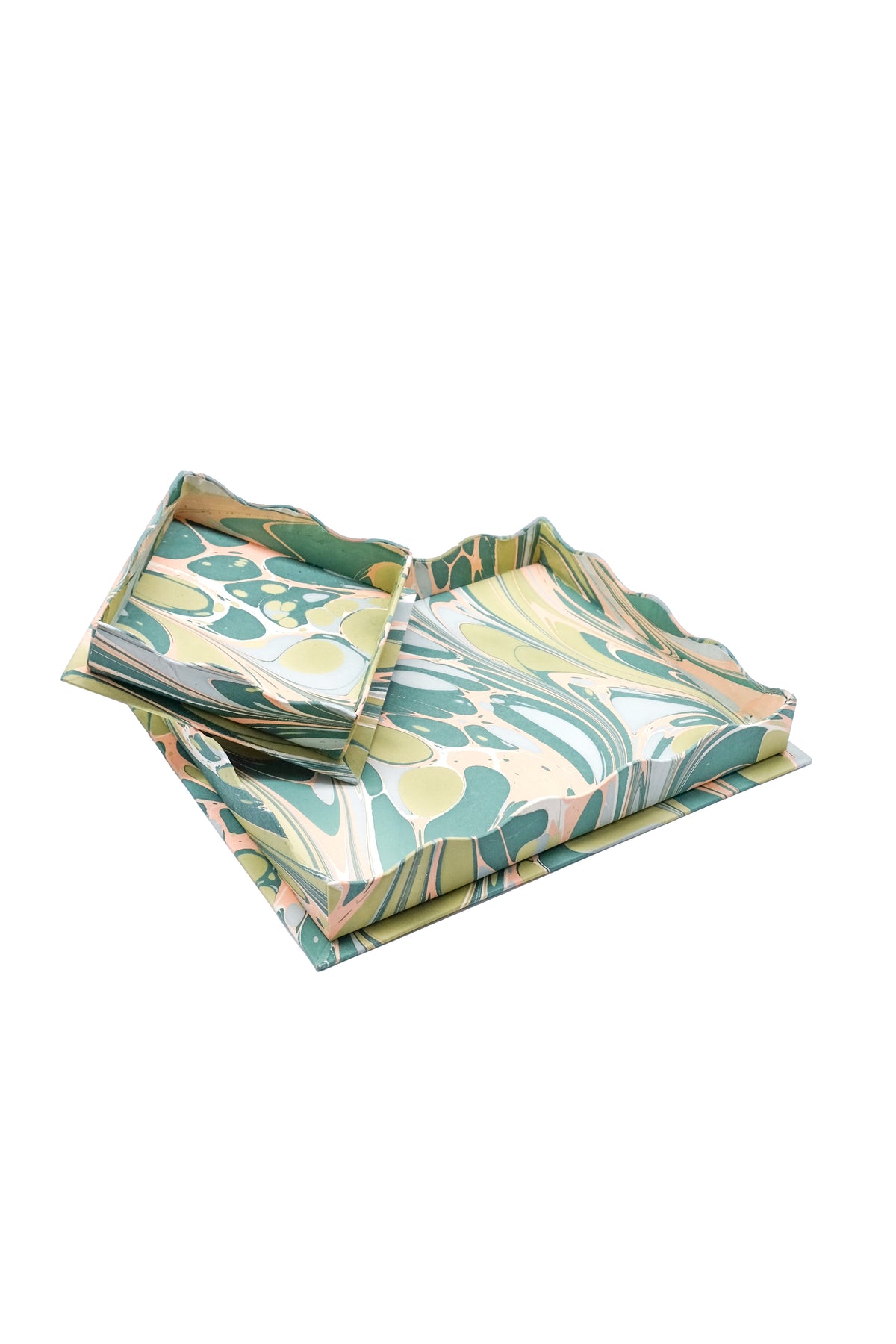 Nesting Scalloped Hand-Marbled Trays in Green & Pink