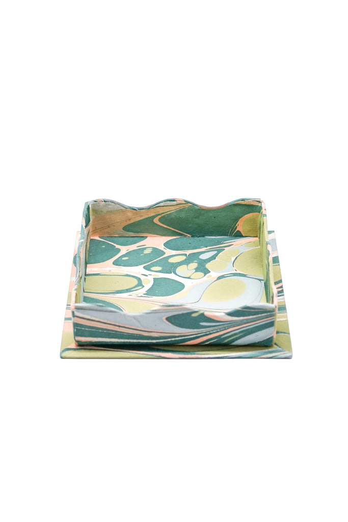 Nesting Scalloped Hand-Marbled Trays in Green & Pink