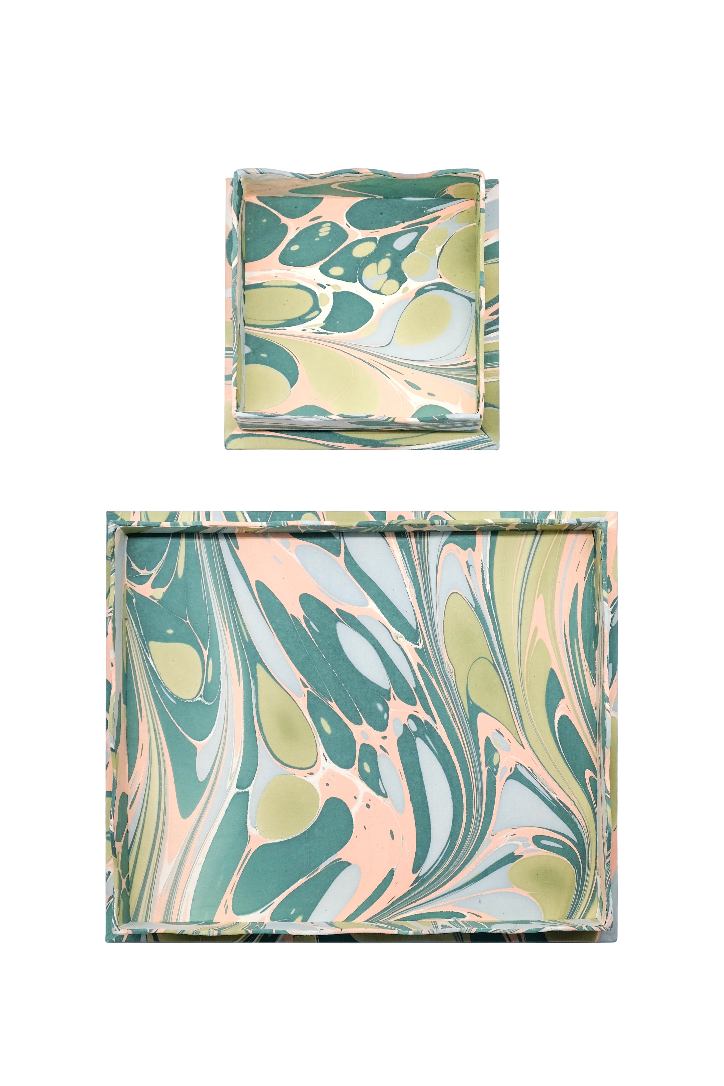 Nesting Scalloped Hand-Marbled Trays in Green & Pink