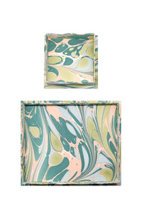 Nesting Scalloped Hand-Marbled Trays in Green & Pink