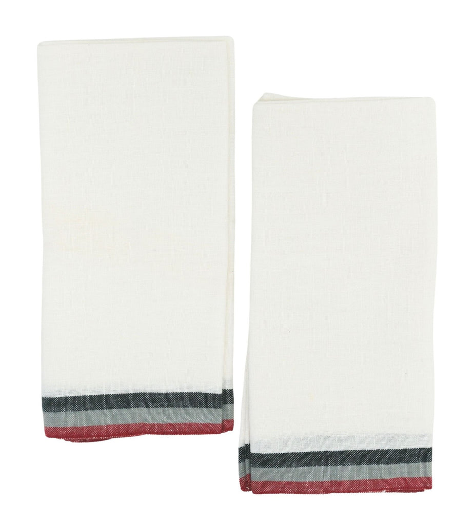 Normandy White Tea Towels in Red, Grey, & Black Stripes, Set of 2
