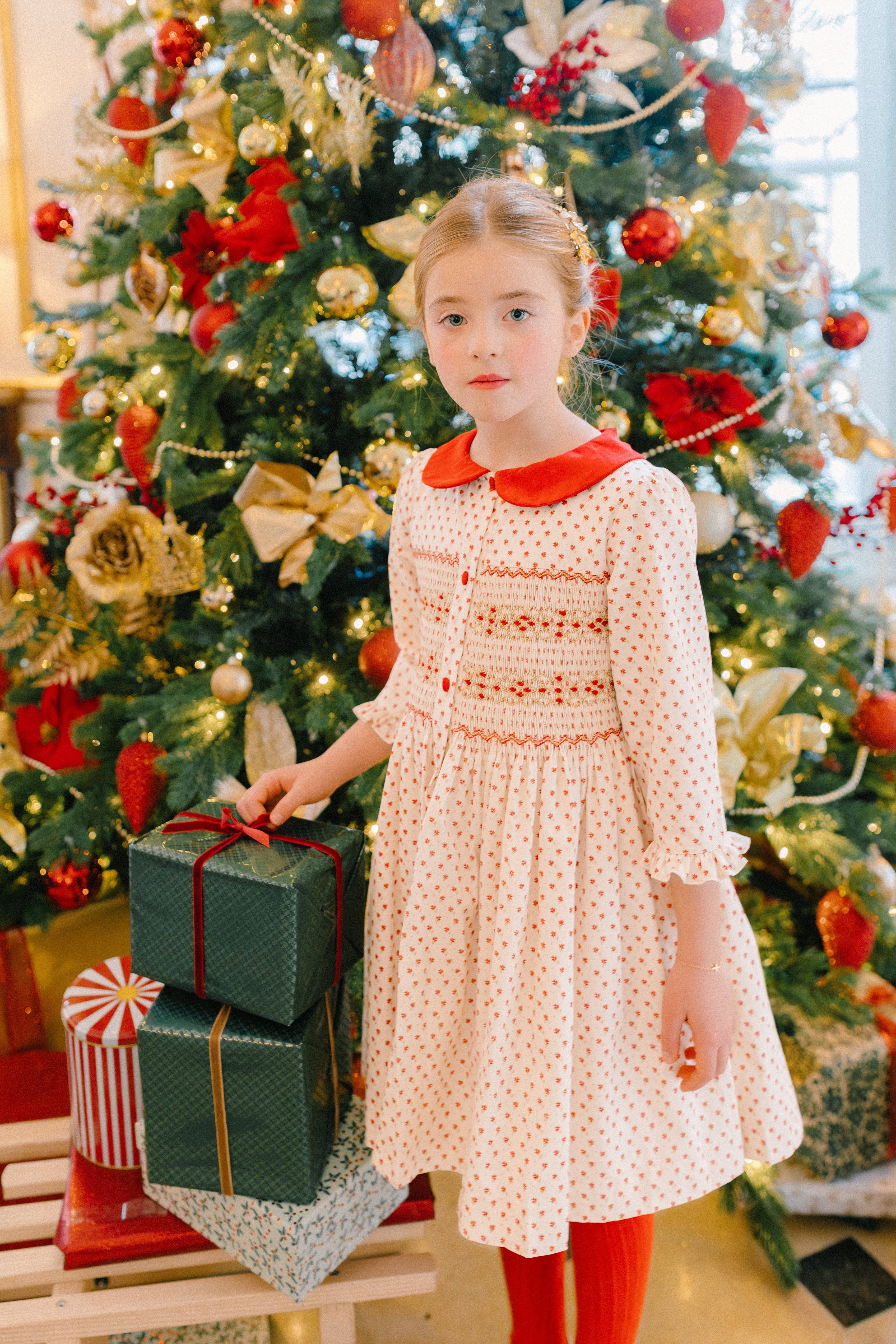 Olympe Red Long Sleeve Smocked Dress