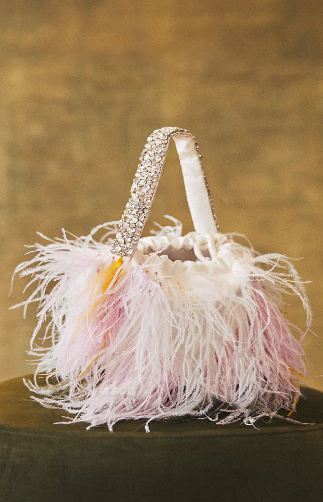 Piper Bucket Bag in Ivory with Abstract Floral Feather Embellishment