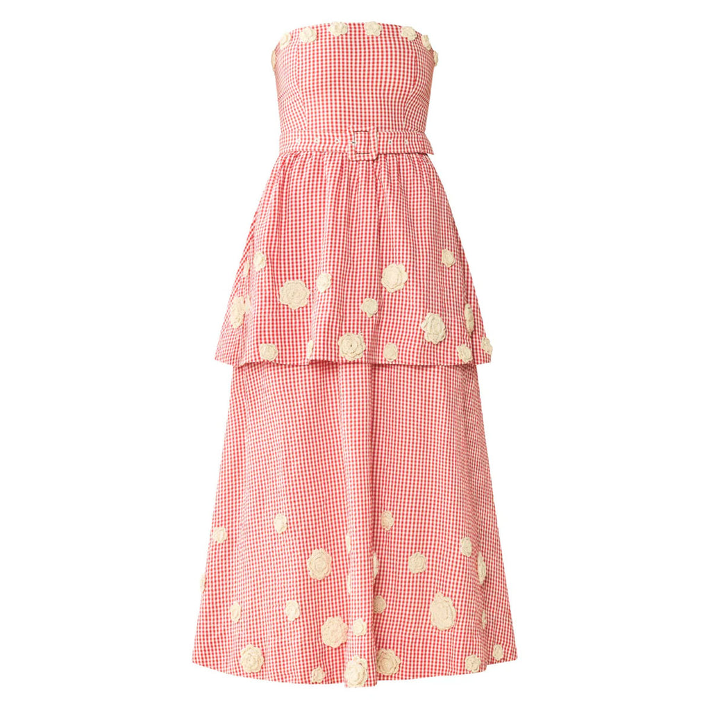 Daisy Dress X Rainey Collaboration in Red Gingham with Cream Crochet Applique